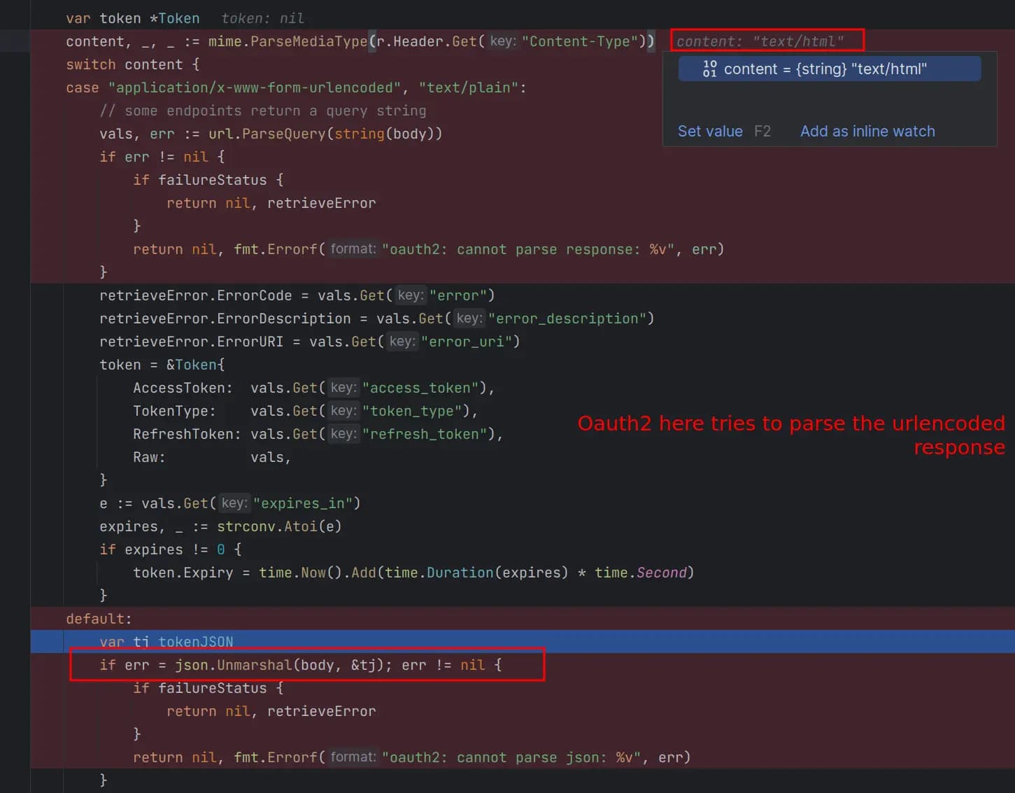 Screenshot of an IDE with Debugger tool for Go